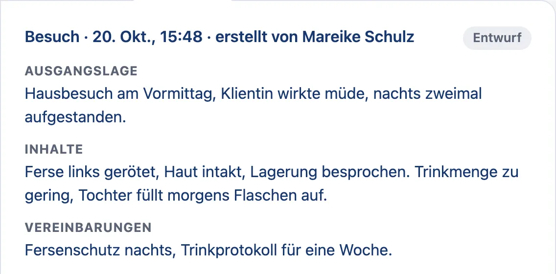 Ausschnitt aus einem Doku-Entwurf mit dem Hinweis „Entwurf“, gegliedert in Ausgangslage, Inhalte und Vereinbarungen.