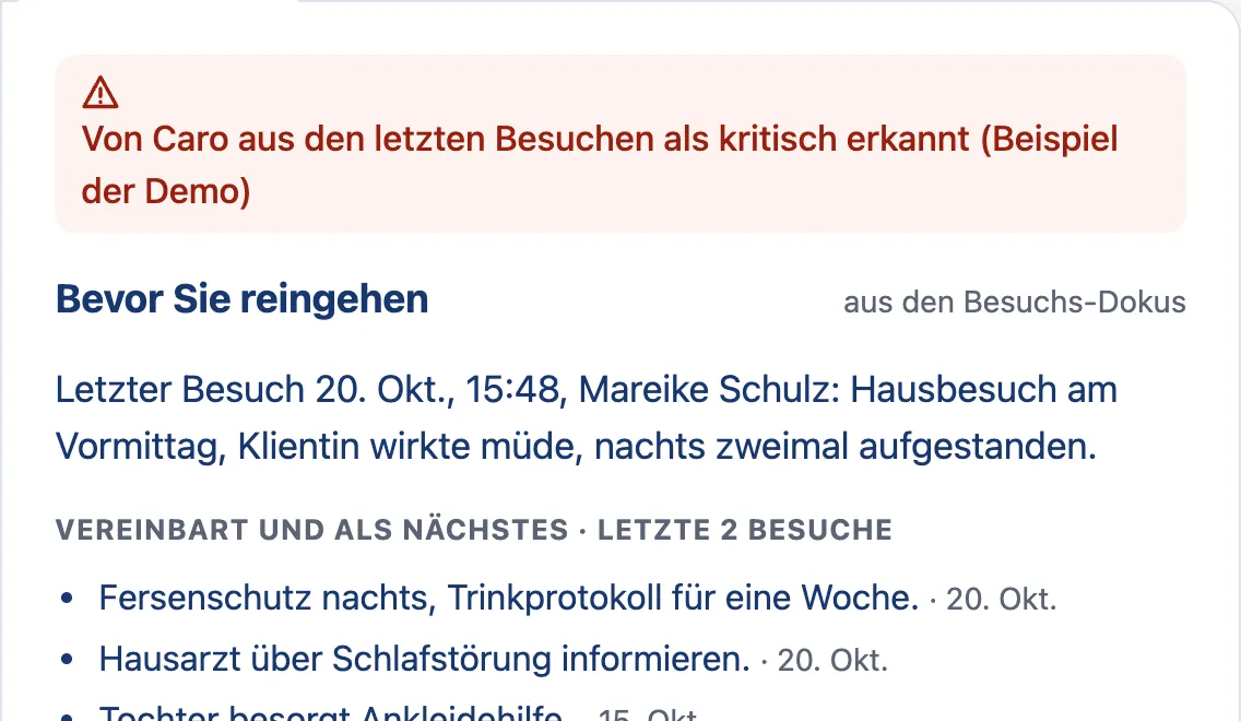 Ausschnitt aus einem Kurzbriefing: „Bevor Sie reingehen“ mit dem letzten Besuch in einem Satz und den Vereinbarungen.
